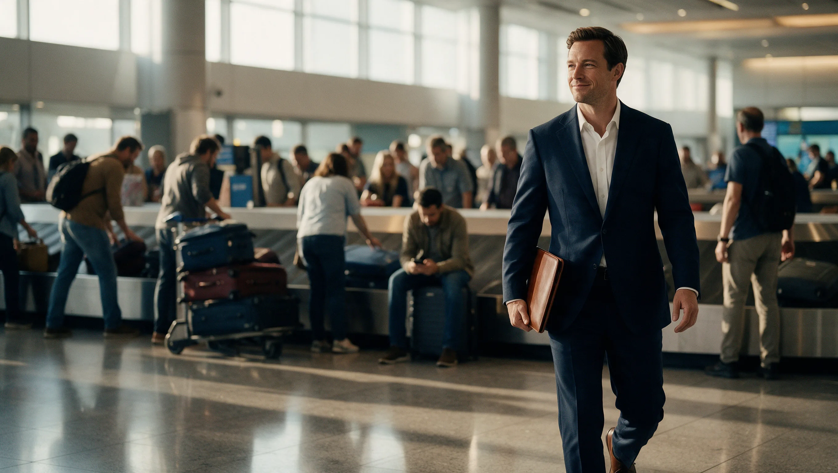 A man walking in front of the airport carousel hand free while other travelers are waiting to collect their luggages
